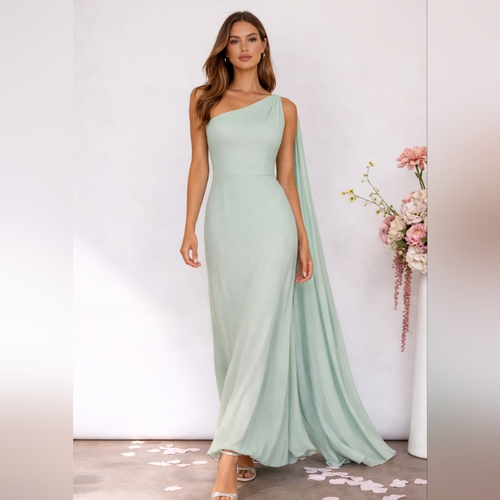 NWT Selfie Leslie One-Shoulder Mint Green Evening Gown Scarf Shoulder Spring S